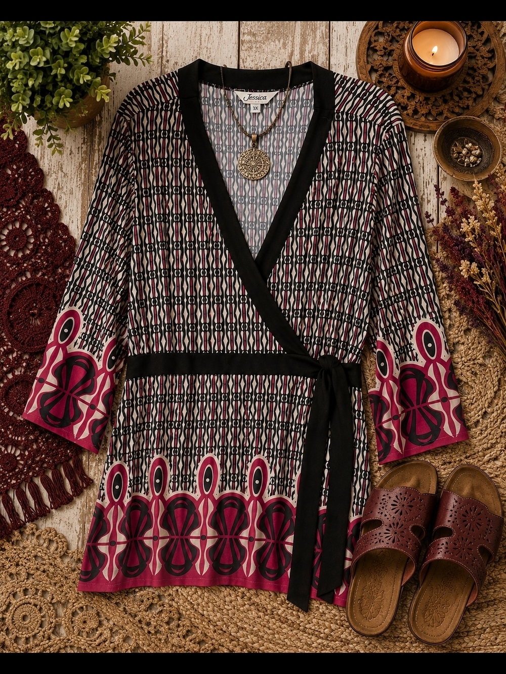 Jessica 3X Geometric Wrap Tunic Boho Pink Black